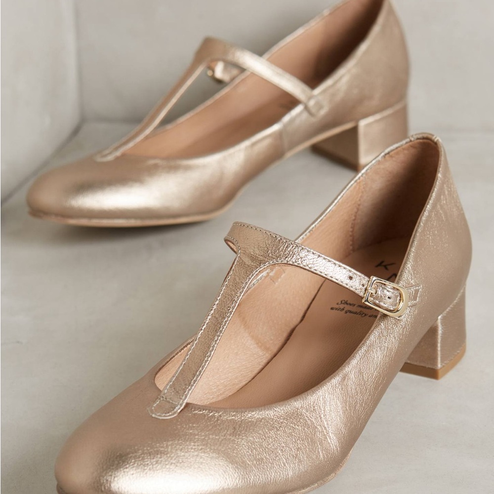 KMB leather Mary Jane’s Elegant Gold T-Strap Women's Shoes